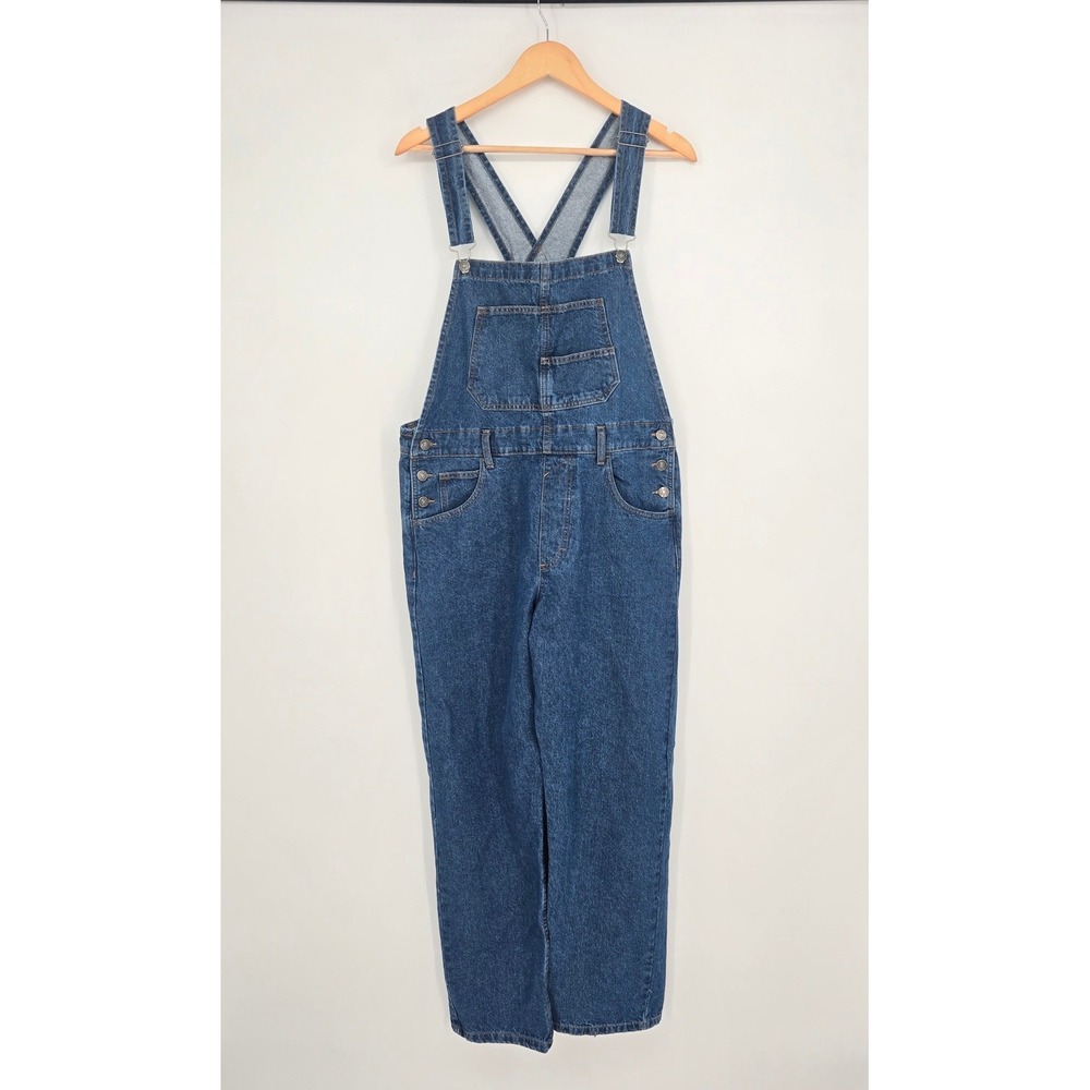 We The Free People Womens M Denim Long Overalls Blue Straight Leg Bib Pocket